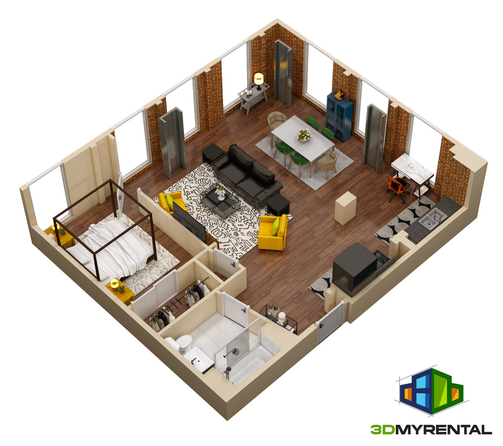 Apartment 3d rendering with furnishings