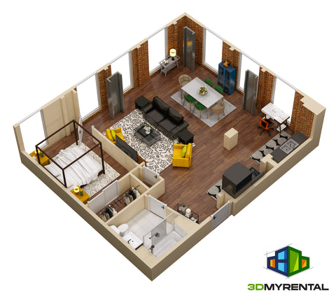 Apartment 3d rendering with furnishings