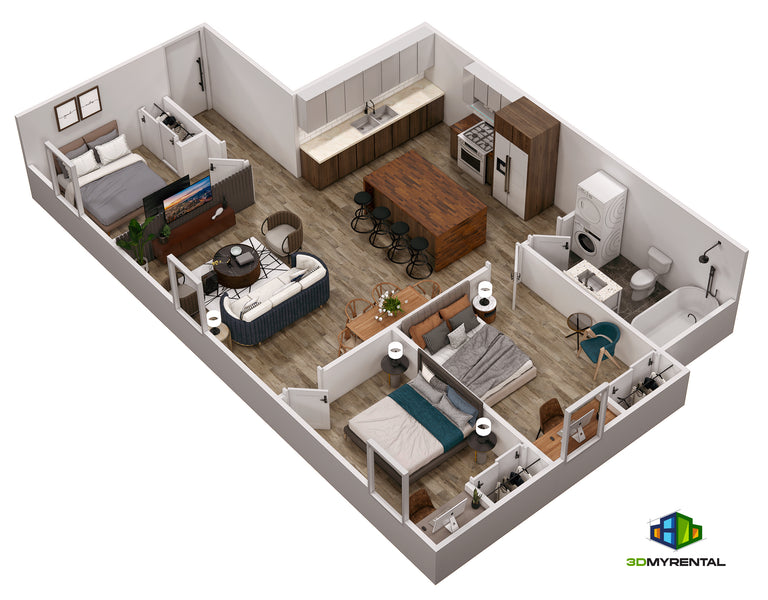 Apartment 3d rendering with furnishings